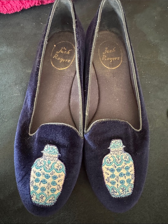 Jack Rogers Shoes - Jack Rogers Navy Velvet Loafers with Embroidered Vase Motif